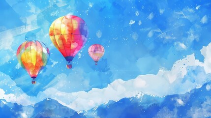 Obraz premium Watercolor painting of three colorful hot air balloons flying in a blue sky over a mountain range, evoking travel and adventure