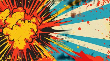 Retro comic book style background exploding with energy, using a bright color palette of red, yellow, blue, and black