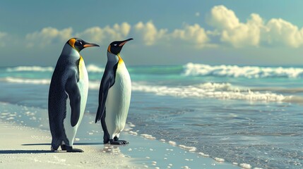 Fototapeta premium Two penguins on a beach with the ocean in the background.