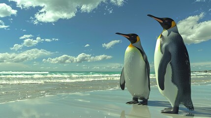 Fototapeta premium Two King Penguins on a Sandy Beach with Blue Skies.
