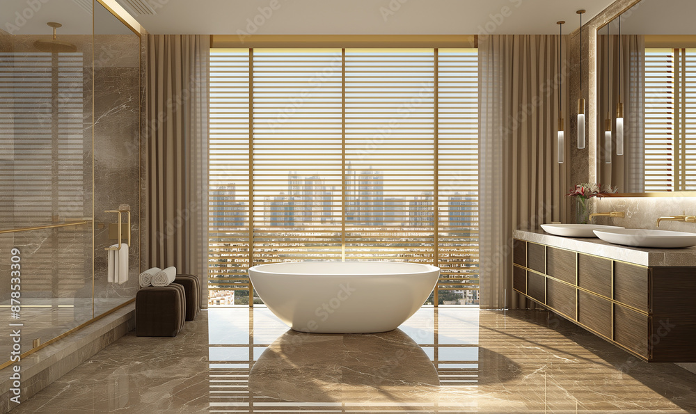 Wall mural A large bathroom with a white freestanding bathtub, a wooden vanity table and a round bench in front of the tub