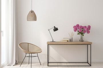 Minimalist home office with a white wall, desk and chair, lamp, clock, flowers in pots, and a pendant light