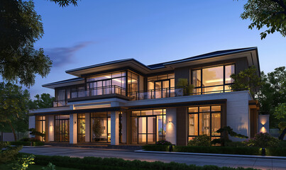 Obraz premium Modern house exterior design, high-end luxury style with modern and decorative elements, night lighting, panoramic view of the front facade