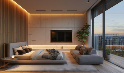 Modern penthouse bedroom with fireplace, large windows overlooking the sea and city center, TV on wall