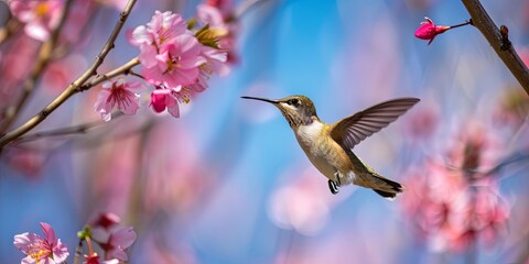Obraz premium Hummingbird in Flight Near Pink Blossoms.