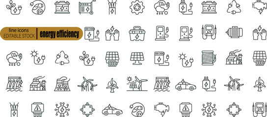 Line icons about energy efficiency and saving. Sustainable development. Thin line icon set. Symbol collection in transparent background. Editable vector stroke. 512x512 Pixel Perfect