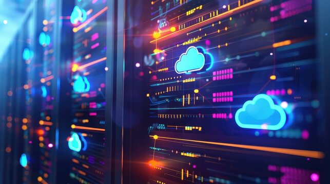A cloud computing infrastructure with a network of interconnected servers, surrounded by data streams and cloud icons, highlighting the scalability and accessibility of cloud-based services and