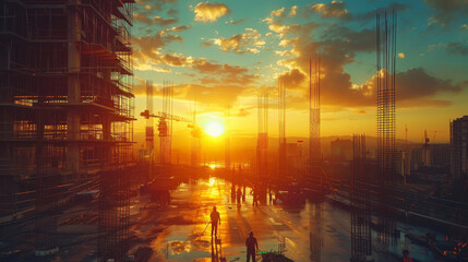Fototapeta premium Urban Sunset Over Skyscrapers with Reflective Water