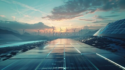 A futuristic energy grid with interconnected renewable energy sources, such as solar panels and wind turbines, managed by a digital system that optimizes energy distribution and storage, showcasing