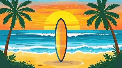 A surfboard is on the beach next to palm trees