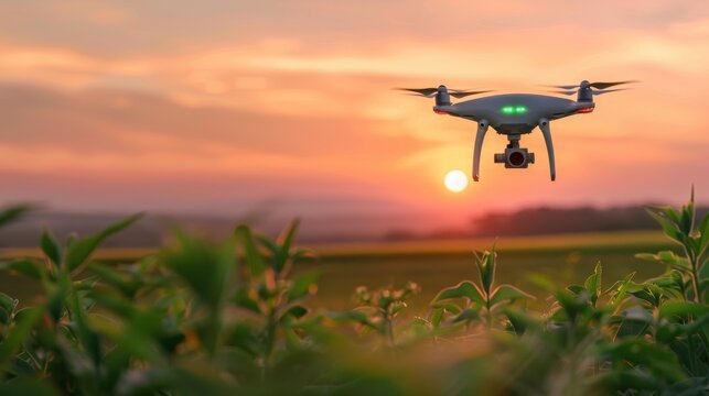 A smart agriculture setup with drones and sensors monitoring crop health and soil conditions, connected to a digital platform that optimizes farming practices and increases yield, highlighting the