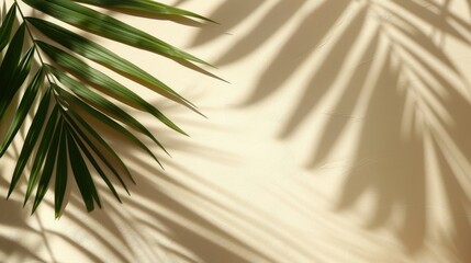 Obraz premium Tropical palm leaf shadow on beige wall in minimal design summer theme flat lay