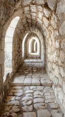 Ancient stone walkway with arched openings, creating a historic and medieval atmosphere. Perfect for travel or architecture themes.