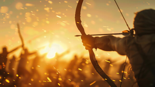 Epic battle scene of archers aiming bows at sunset, with sparks flying dramatically. Highlighting ancient war and medieval combat.