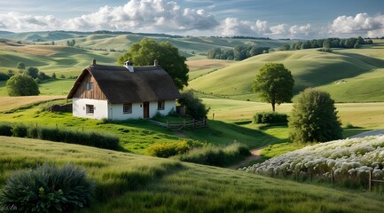 A peaceful countryside scene with rolling hills and a small farmhouse