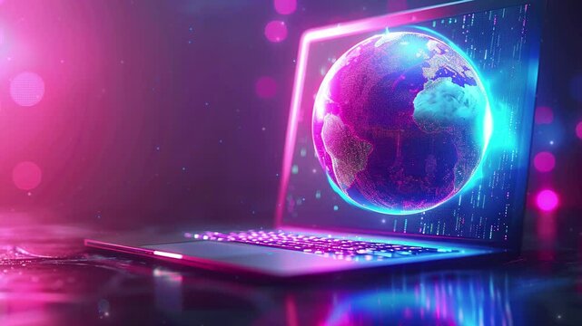 World Wide Web Day. Open laptop with a digital globe, side angle, future tech. Fiber optics background. Digital world web. Digital world technology.