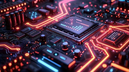 Obraz premium Quantum Encryption Device in High-Tech Security Lab with Neon Lighting