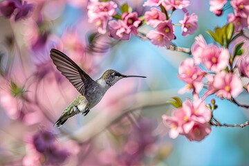 Hummingbird in flight with pink flowers.