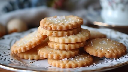 Close-up of a stack of homemade shortbread cookies with sugar crystals on a decorative plate, perfect for tea time.