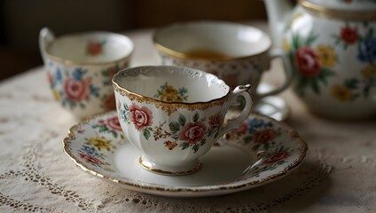 Fototapeta premium , Vintage charm in a mismatched tea set, where each piece tells a story of elegance and nostalgia ai_generated