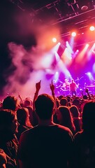 People at concert from back angle, smoky atmosphere, illuminated stage lights