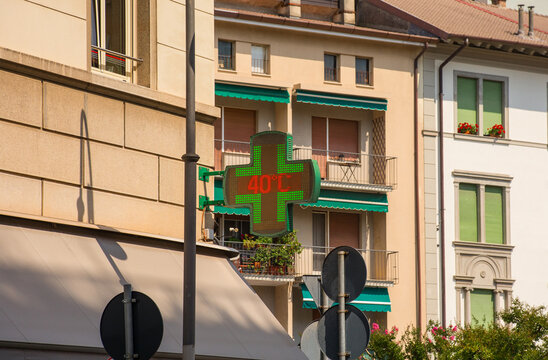 A pharmacy temperature display on July 9th 2024 in the centre of Udine, Friuli-Venezia Giulia, NE Italy. It is the start of the latest heatwave, and temperatures are already hitting 40 C/104 F