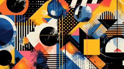 A colorful and abstract patterned background with a variety of shapes and colors