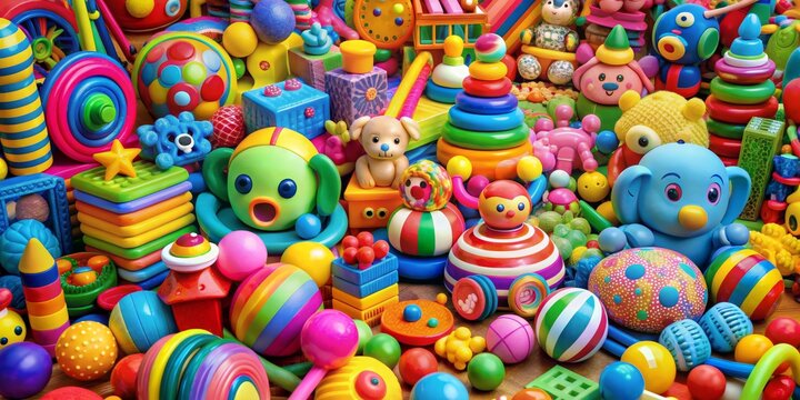 A Colorful Pile of Childhood Joy An Explosion of Plastic Toys,  3D Rendered, Playful Abundance,  Toy Story,  Toy,  Play,  Childhood