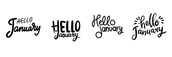 Collection of Hello January text lettering. Hand drawn vector art.
