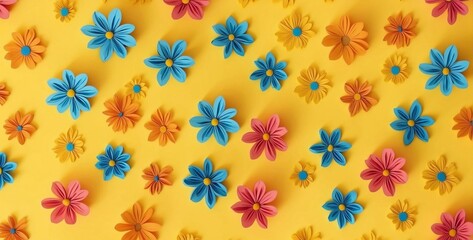 A Cheerful Assortment of Artificial Flowers in Blue, White, Yellow, and Red Hues with Green Leaves on a Bright Yellow Background Creating a Joyful Pattern