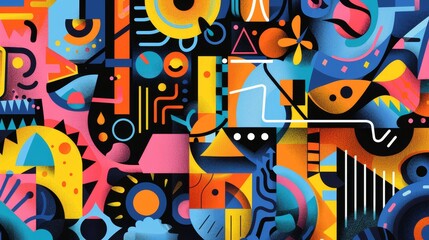 A colorful and abstract patterned background with a variety of shapes and colors