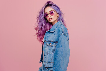Photo of a fashion model posing, wearing a blue denim jacket and jeans with purple hair and sunglasses on a pink background, in the style of a copy space concept, in a studio shot