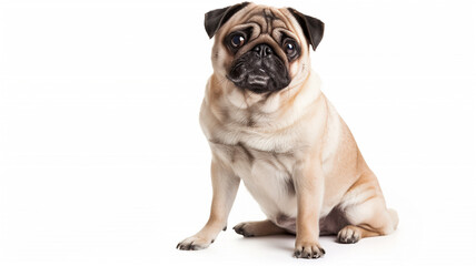 Full Body Portrait of a Seated Pug on White Background