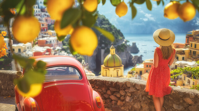 A woman in a red dress and sunhat staying by the red retro car and looking at the town on a distance, lemons hanging from a tree. Nostalgia, Mediterranean charm, travel concepts. Amalfi Coast, Italy - Powered by Adobe