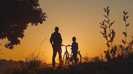 Father and Son Silhouette with Bicycle at Sunset.