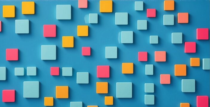 A Whimsical Array of Colorful squares: A Visual Symphony of Love and Joy, in blue background.