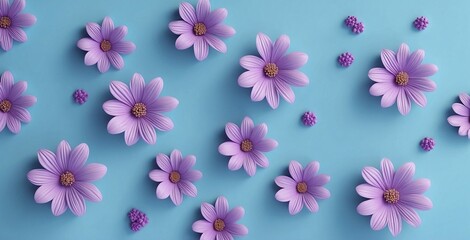 A Whimsical Array of purple flowers: A Visual Symphony of Love and Joy, in blue background.