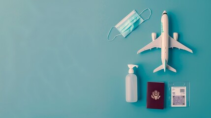 Travel essentials with airplane model, passport, mask, and sanitizer