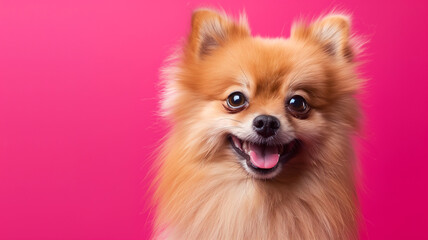 Cheerful Pomeranian Headshot on Pink Background