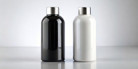 Black and White Bottles with Metallic Caps, Composition of Two Bottles, Minimalist Product Photography, Branding  Mockup, bottle, design, product, brand