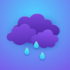Vector illustration of cool single weather icon with cloud, heavy fall rain. Weather forecast widget icon set paper cut style.