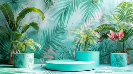 Fototapeta premium Tropical Jungle Stage Mockup with Turquoise Platforms
