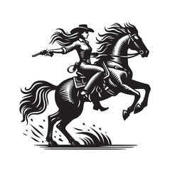 Beautiful young cowgirl woman ride horse with gun. Vintage engraving vector illustration, isolated object	