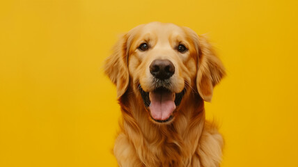 Smiling Golden Retriever on Vibrant Yellow Background