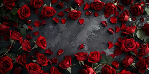 Red Roses and Petals on a Dark Background.