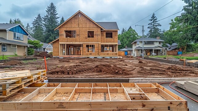 Wooden house under construction with framing and foundation