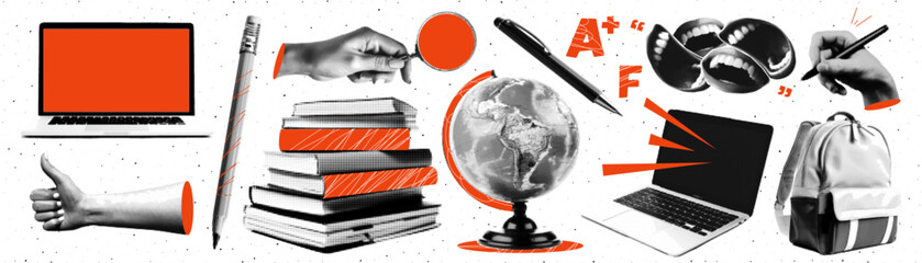 Trending elements of halftone collage. Concept of learning, university, college or back to school. Laptop, globe, stack of books, backpack and more. 