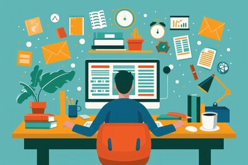 Illustration depicting a person taking an online course, with a computer screen displaying a lesson and various learning materials spread around. The flat design style features clear, bright colors