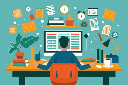 Illustration depicting a person taking an online course, with a computer screen displaying a lesson and various learning materials spread around. The flat design style features clear, bright colors