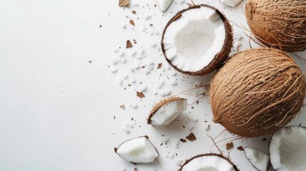 Picture of fresh ripe coconut at isolated white background. Illustration of brown coconut for design project, poster, banner, logotype.